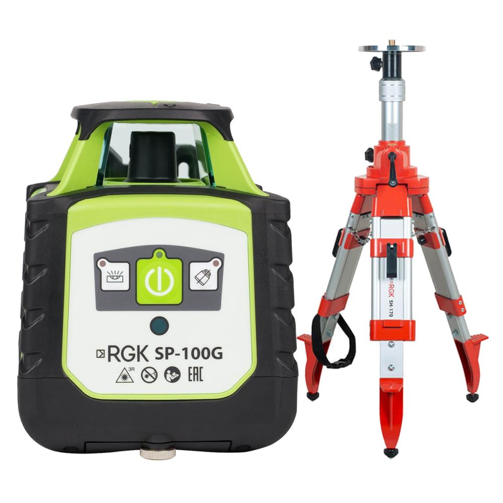 Комплект ротационный нивелир RGK SP-100G с калибровкой + элевационный штатив RGK SH-170 Комплект ротационный нивелир RGK SP-100G с калибровкой + элевационный штатив RGK SH-170