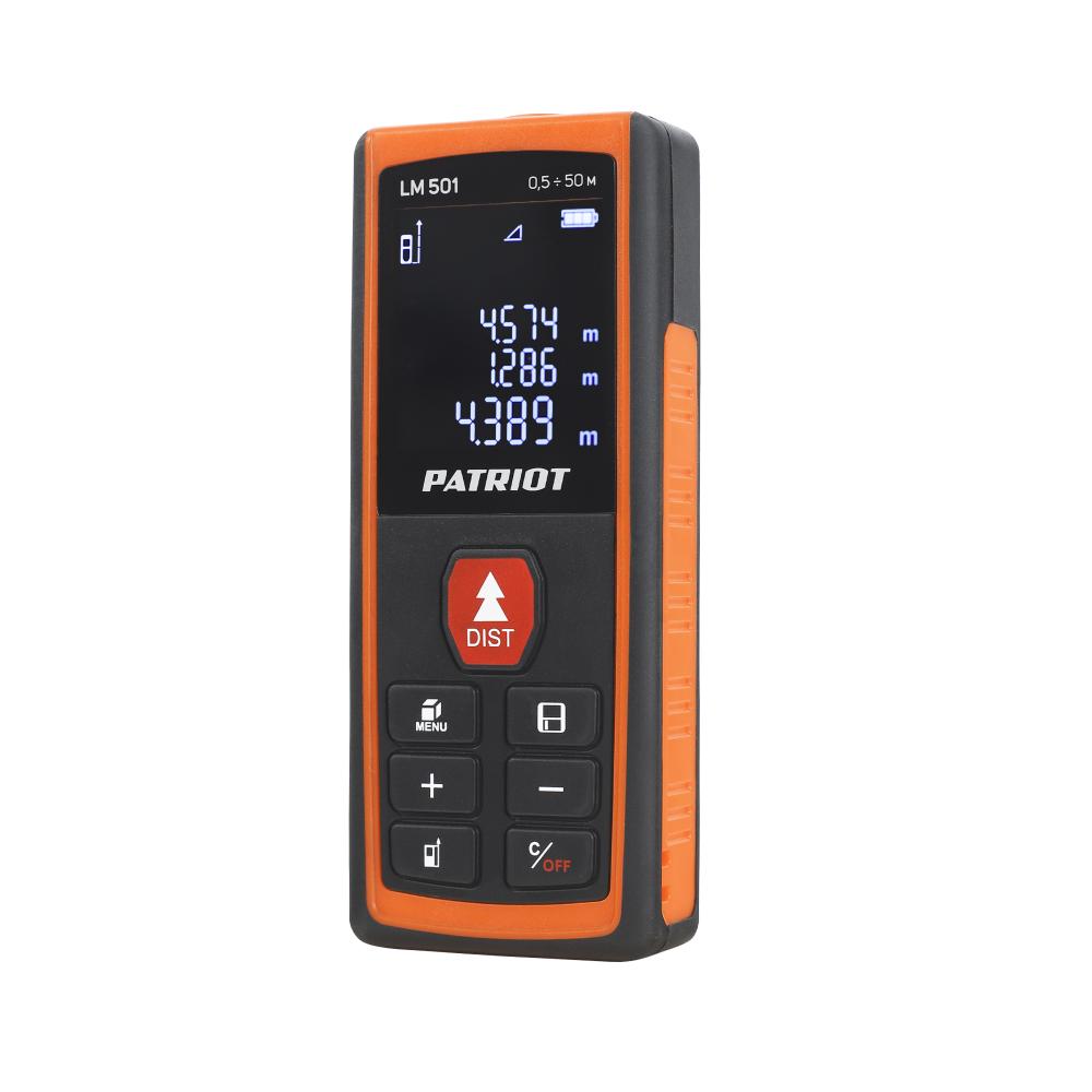 Строительный дальномер лазерный PATRIOT LM 501 с подсветкой, дистанция 50м, чехол в комплекте Строительный дальномер лазерный PATRIOT LM 501 с подсветкой, дистанция 50м, чехол в комплекте