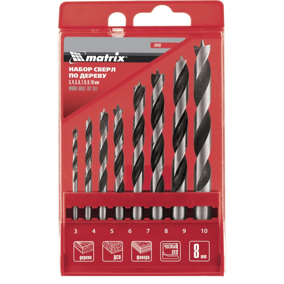 Набор сверл по дереву, 3-4-5-6-7-8-9-10 мм, 8 шт, цилиндрический хвостовиковик, пластиковый кейс, Набор сверл по дереву, 3-4-5-6-7-8-9-10 мм, 8 шт, цилиндрический хвостовиковик, пластиковый кейс,