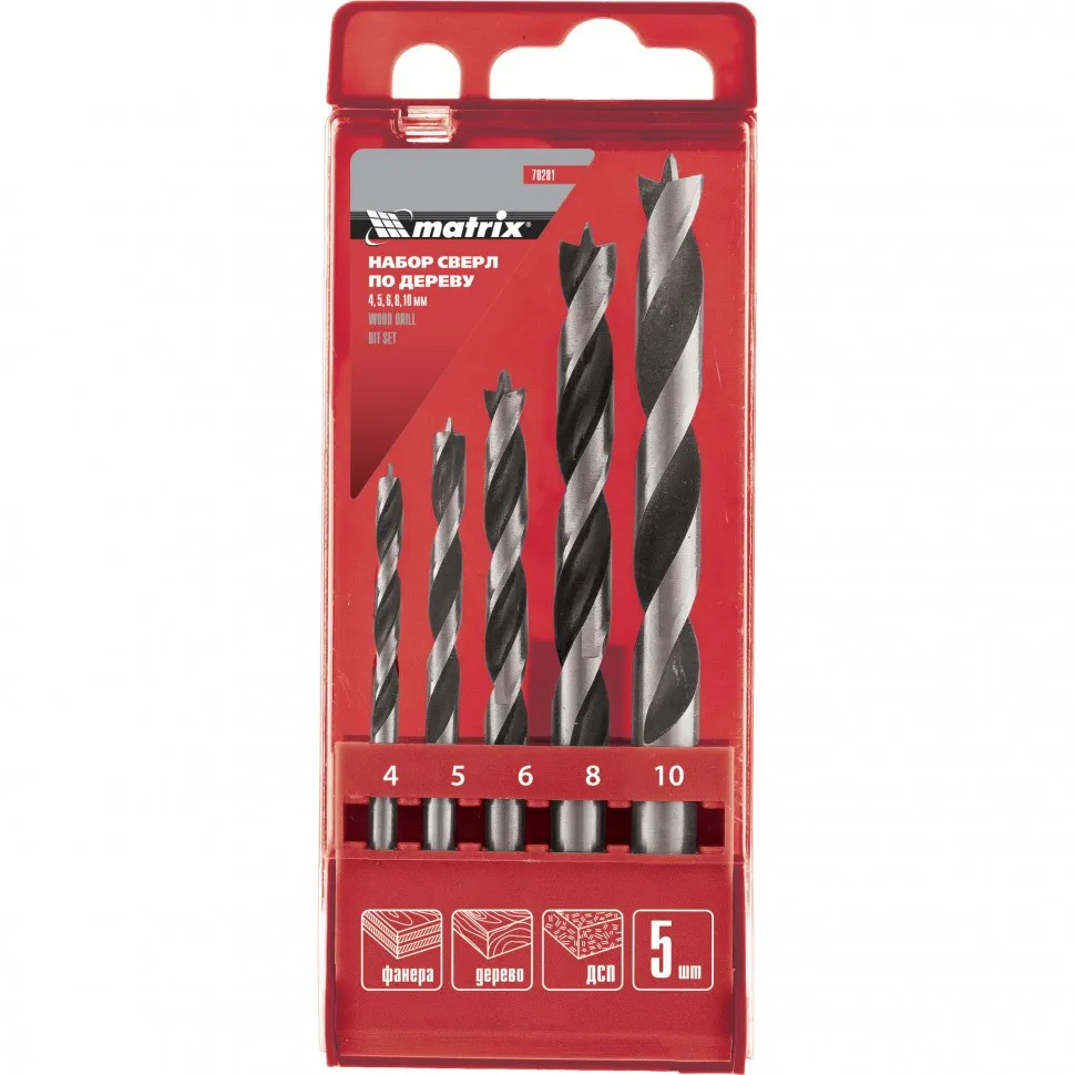 Набор сверл по дереву, 4-5-6-8-10 мм, 5 шт, цилиндрический хвостовиковик, пластиковый кейс, Matrix Набор сверл по дереву, 4-5-6-8-10 мм, 5 шт, цилиндрический хвостовиковик, пластиковый кейс, Matrix
