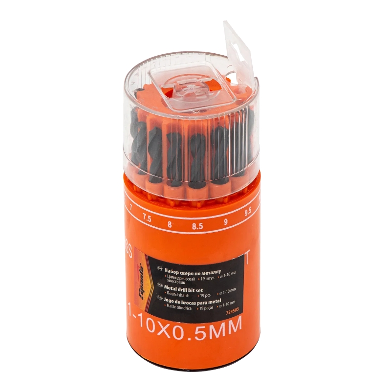 Набор сверл по металлу, 1-10 мм, (через 0.5 мм), HSS, 19 шт, в стакане, цилиндрический хвостовик
