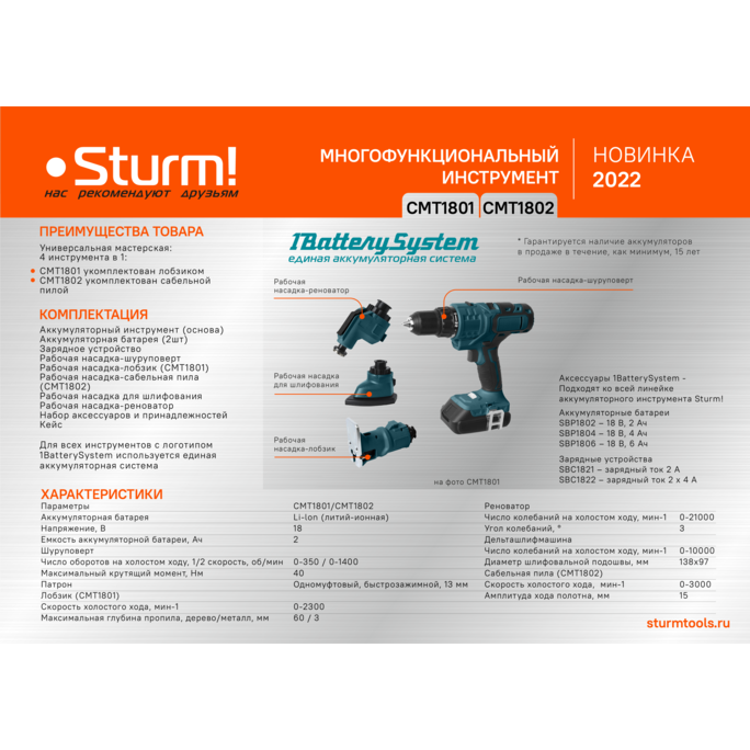 Аккумуляторный мультитул Sturm! CMT1802 1BatterySystem